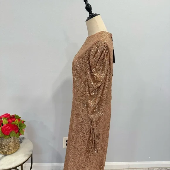 Mac Duggal Sequin High Neck Juliet Puff Long SleeveTrumpet Column Gown Copper